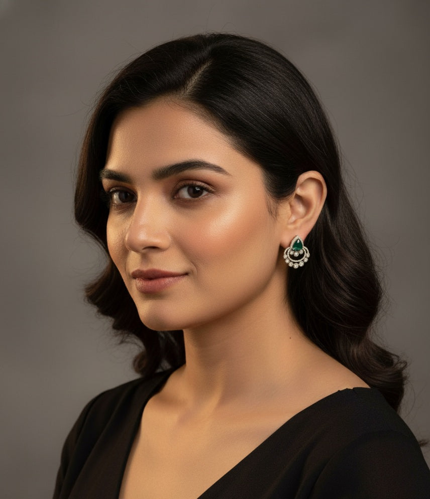 Itrani Emerald Radiance Uncut Glass Diamond Style Brass Earrings with Crystal Detailing