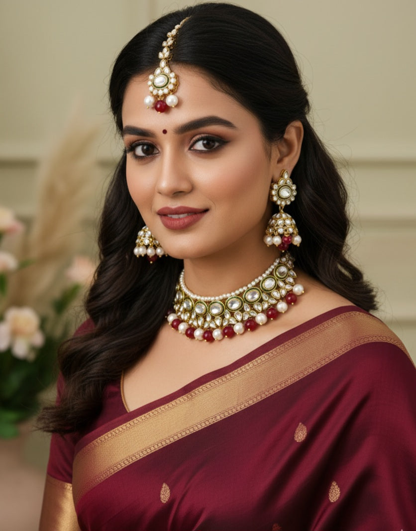 Itrani Regal Ruby Kundan Pearl Necklace Set – Bridal Jewelry with Maang Tikka & Earrings (Anti-Tarnish Brass Finish)