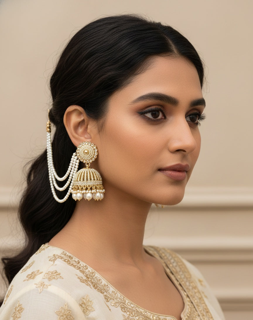 Itrani Regal Punjabi style Pearl Jhumka with Mangtikka and side chain Earring Set