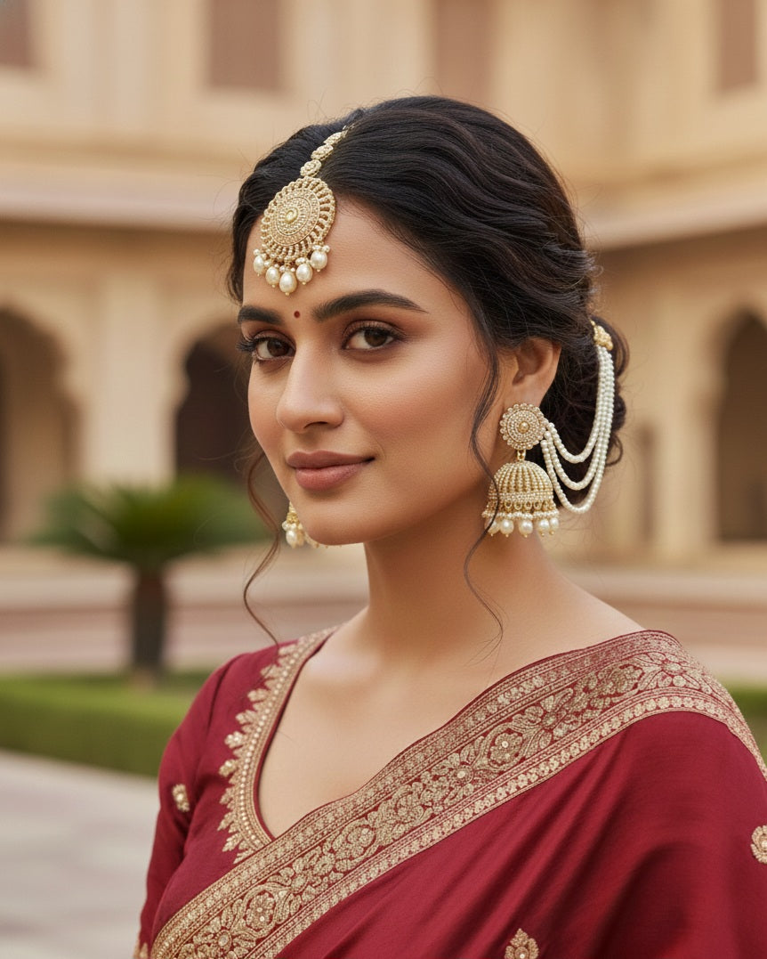 Itrani Regal Punjabi style Pearl Jhumka with Mangtikka and side chain Earring Set