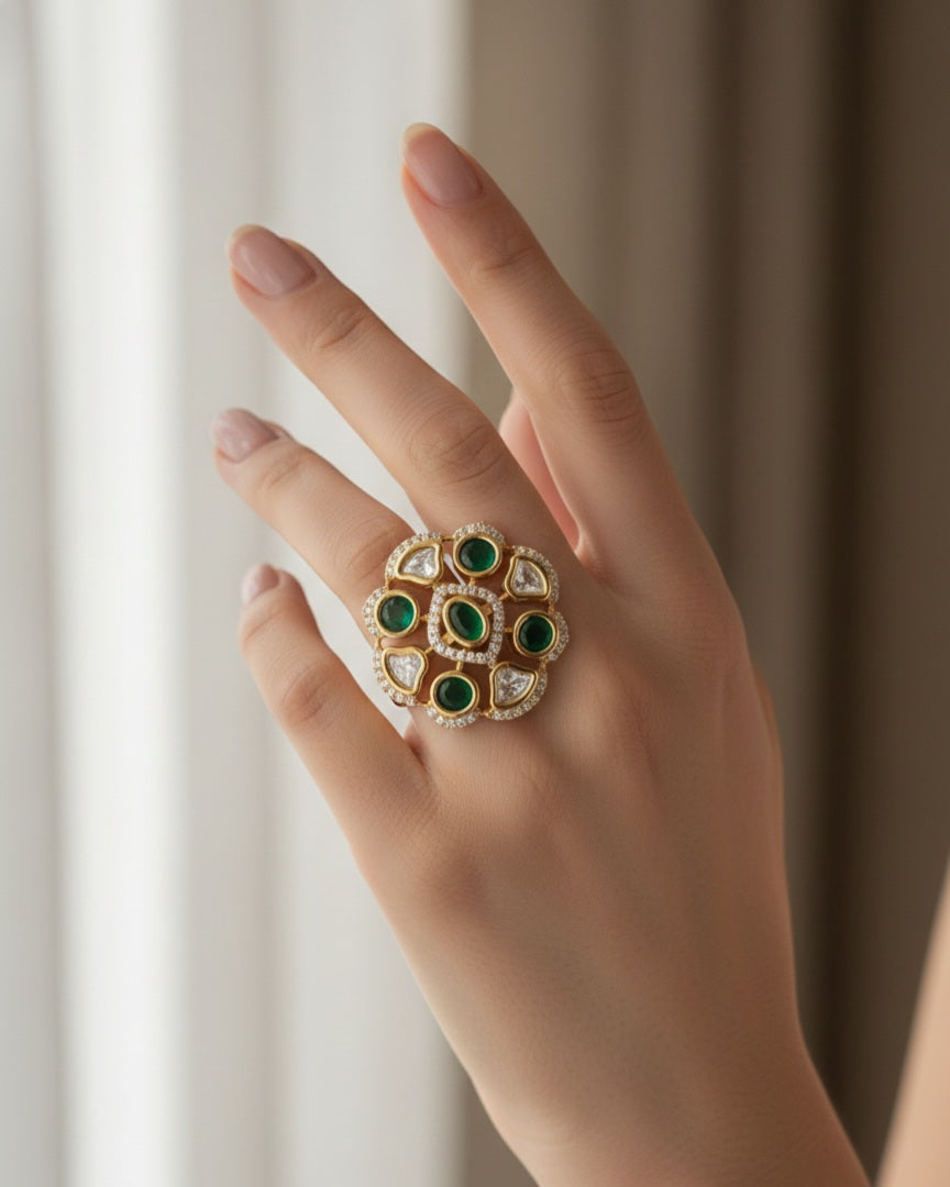 Itrani Emerald Bloom Kundan Style Green Stone Statement Ring