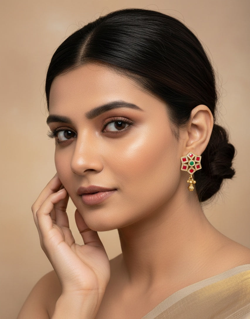 Itrani Regal synthetic  Ruby Square Bloom Earrings – Brass Studs with Green Center Stone , Svaroski& Golden Jhumka Drop