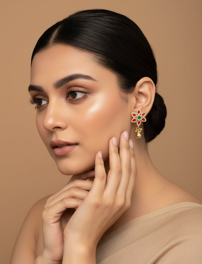 Itrani Royal Blossom Antique Brass Earrings with synthetic Ruby & Emerald Stones with Svaroski& Golden Jhumka Drop