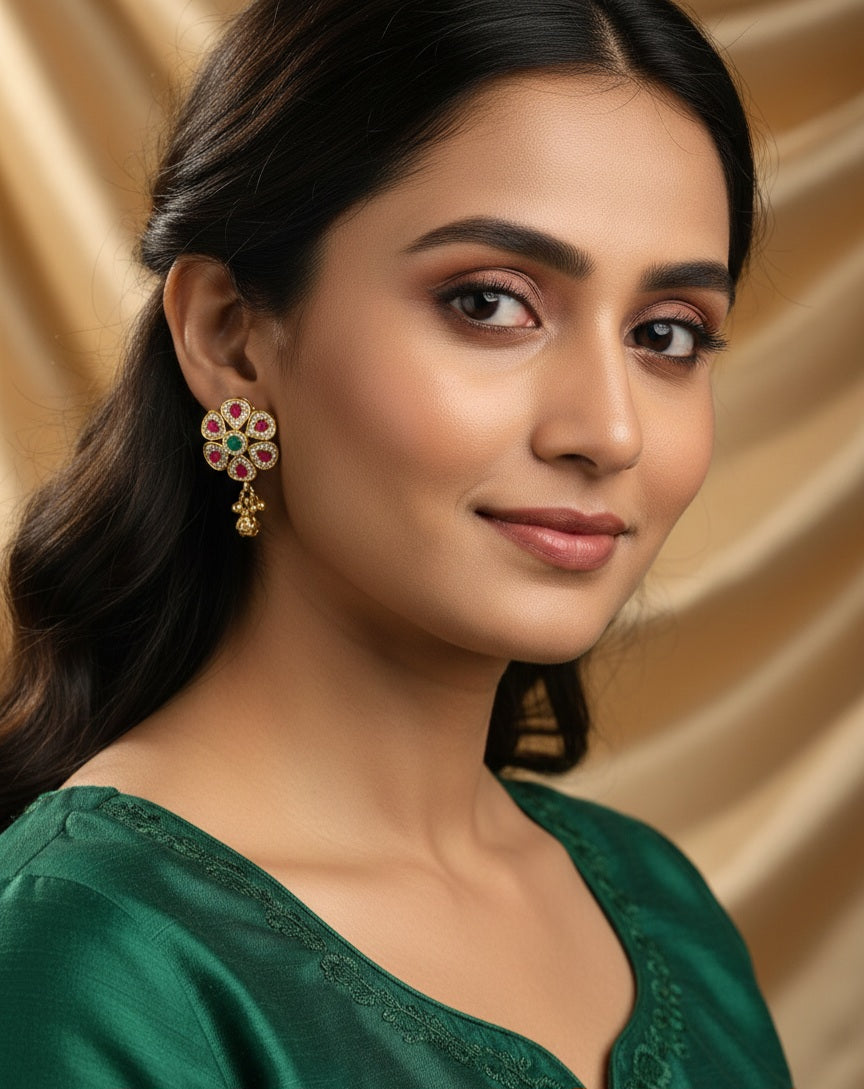 Itrani Ruby Bloom Brass Stud Earrings with Jhumka Drop – Ruby & Green Stone Floral Design for Festive Wear