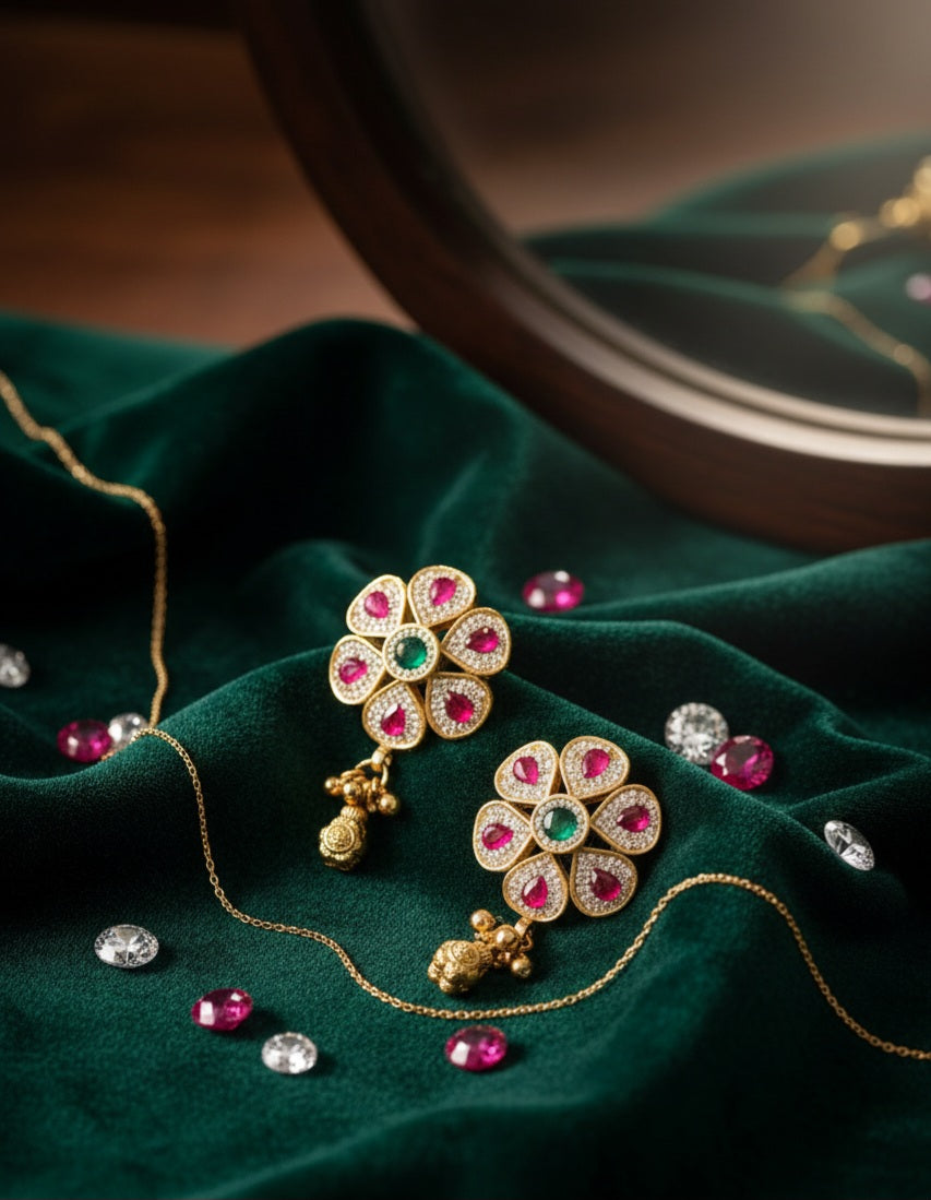 Itrani Ruby Bloom Brass Stud Earrings with Jhumka Drop – Ruby & Green Stone Floral Design for Festive Wear