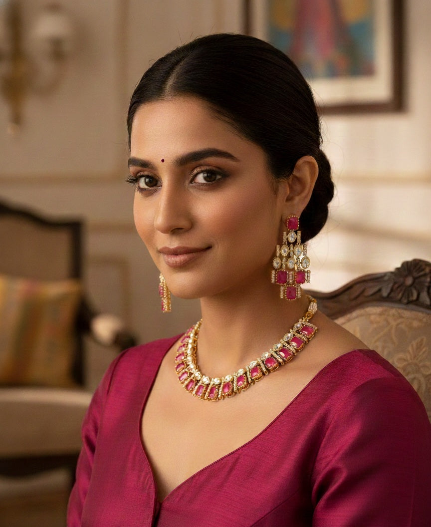 Itrani Royal Ruby Glow Brass Necklace Set – Anti-Tarnish Ruby Squre Stone with Matching Earrings