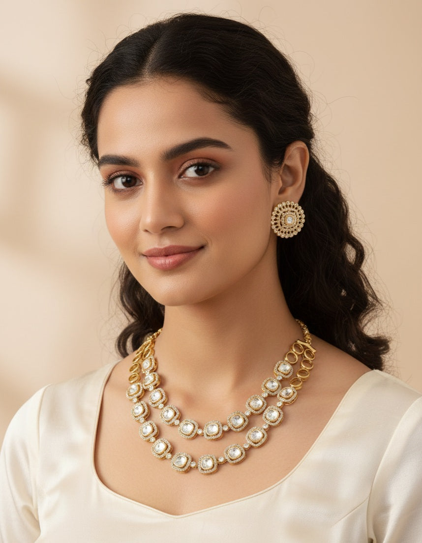 Itrani Royal Moissanite Stone Double Layer Clear Polki Brass Necklace Set with Tops Earring