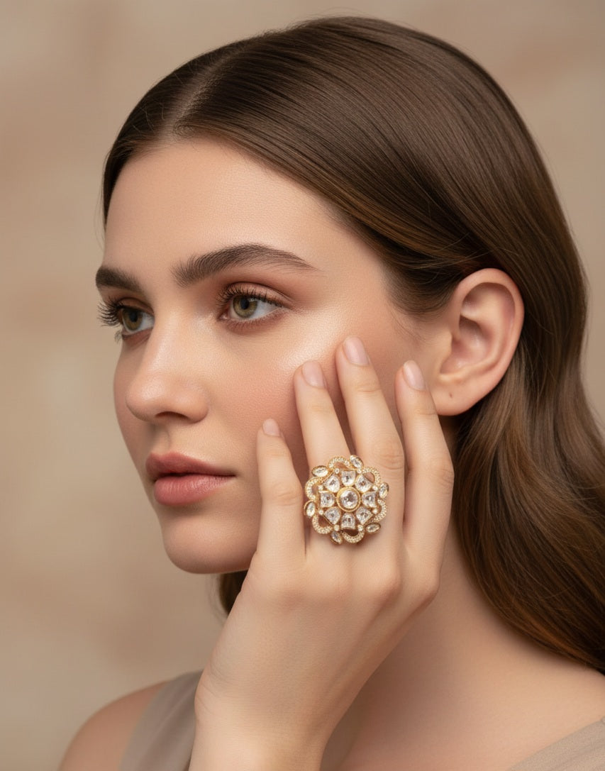 Itrani Royal Swirl Polki Ring – Adjustable Brass Ring with Clear Polki Accent Stone