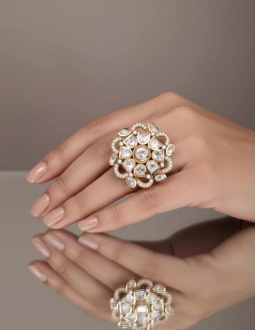 Itrani Royal Swirl Polki Ring – Adjustable Brass Ring with Clear Polki Accent Stone