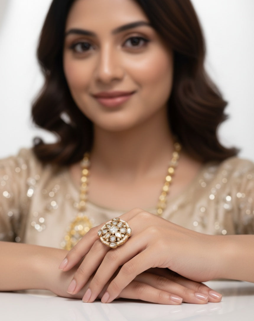Itrani Heritage Glow Polki Ring – Antique Brass with Pearl Detailing