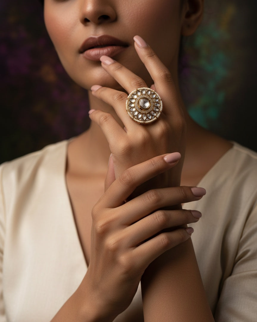 Itrani Majestic Aura Polki Ring – Statement Brass Jewelry with Pearl Detailing
