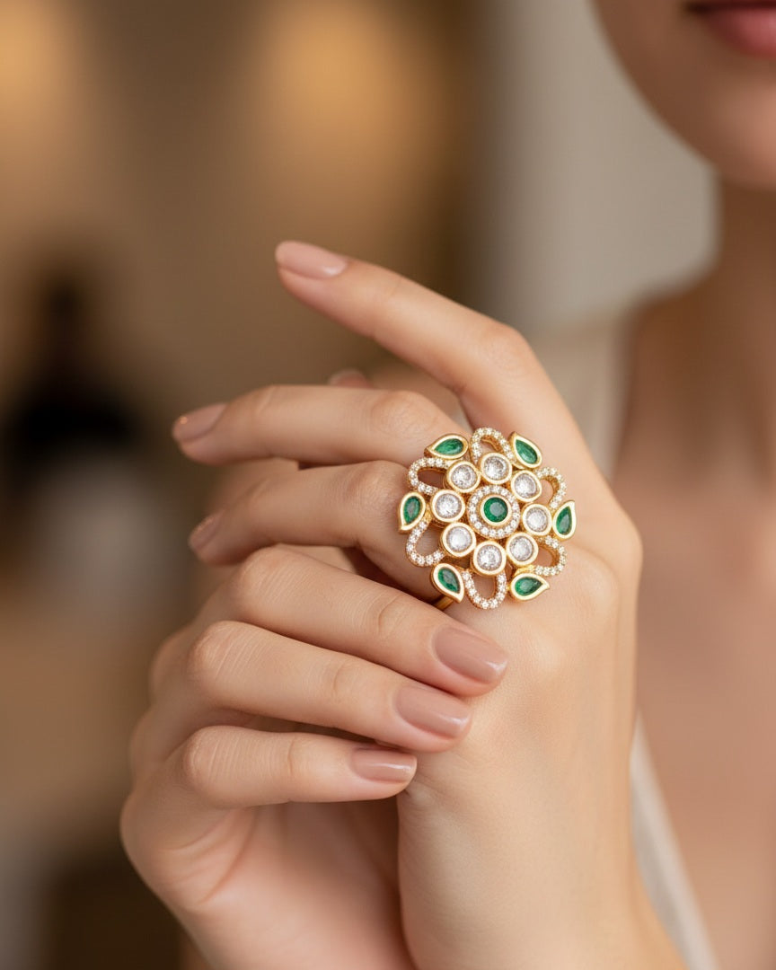 Itrani Regal Bloom Green Stone Statement Ring in Gold Finish