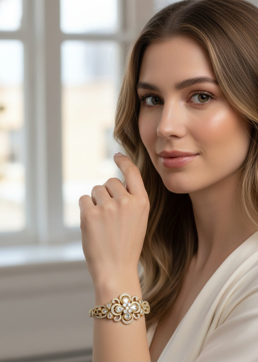 Itrani Floral Elegance Anti-Tarnish Brass Bracelet with Clear Polki Stones