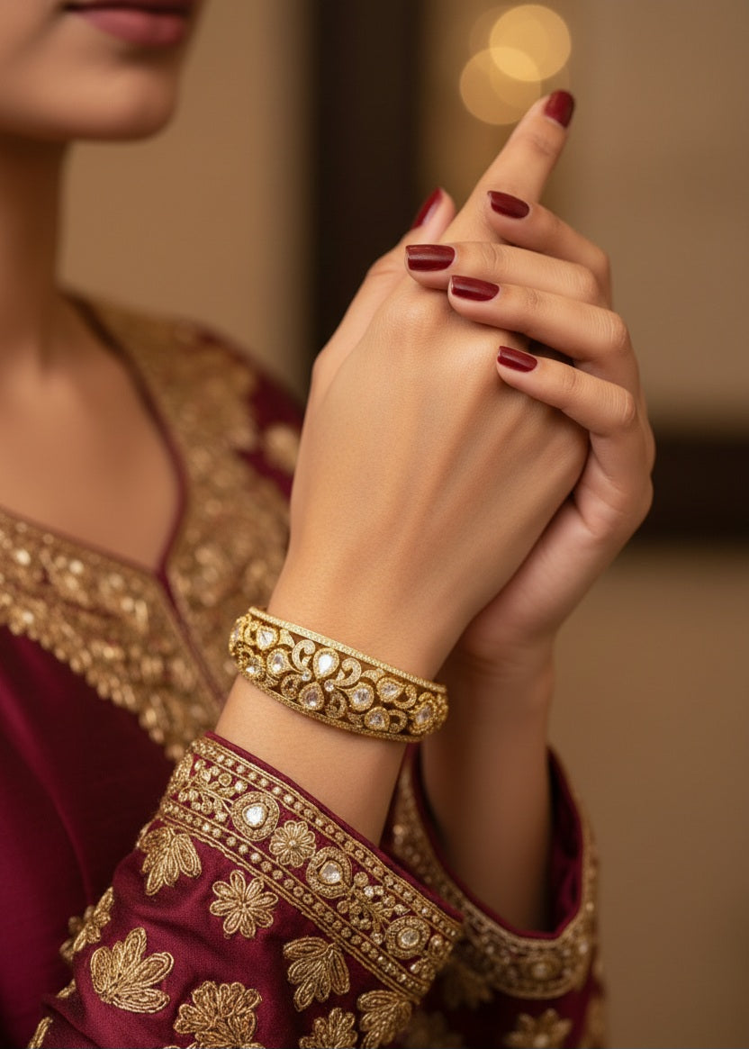 Itrani Royal Bloom Anti-Tarnish Gold Finish Kada Type  Bracelet with Clear Polki Stones