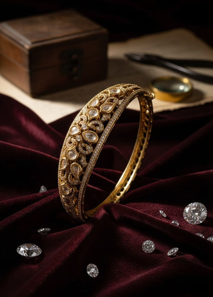 Itrani Royal Bloom Anti-Tarnish Gold Finish Kada Type  Bracelet with Clear Polki Stones