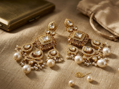 Itrani Champagne Pearl  Drop Dangling Earrings – Antique Gold Bridal Statement Jewellery