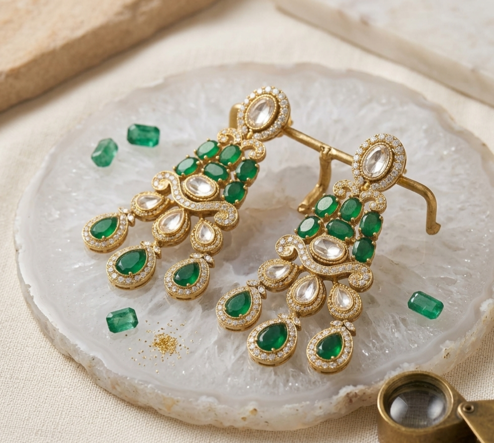 Itrani Regal Emerald  Drop Chandelier Style Statement Earrings
