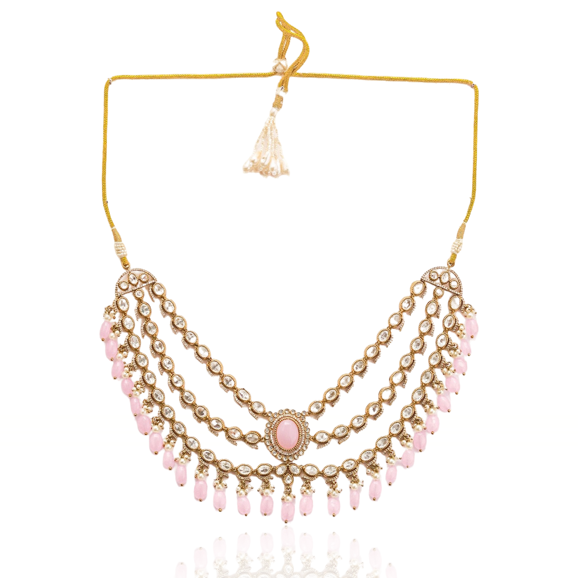 Itrani three layers Clear Polki Stone with Pink Drops Necklace Set – Traditional Brass Jewelry with Earrings & Maang Tikka
