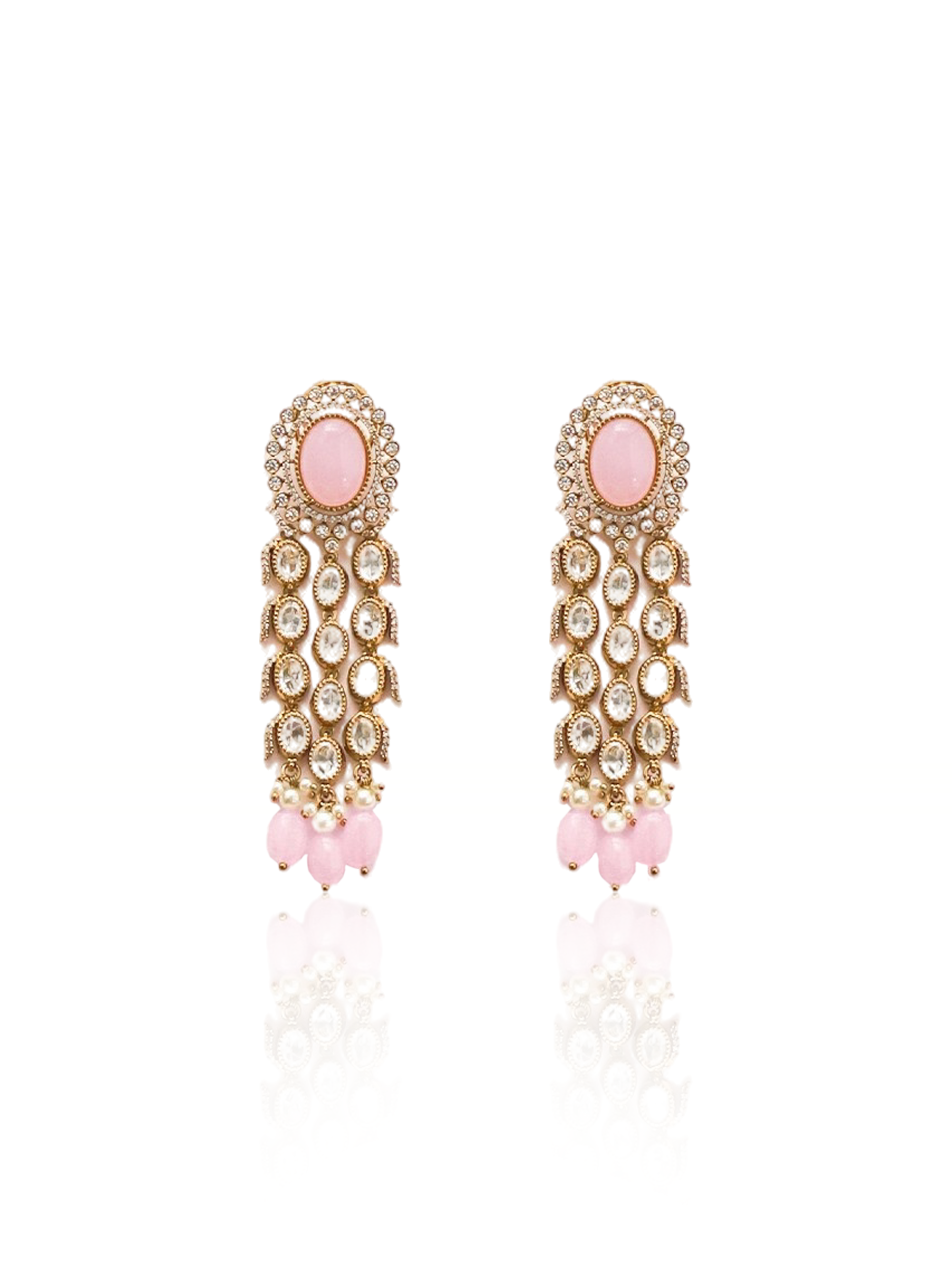 Itrani three layers Clear Polki Stone with Pink Drops Necklace Set – Traditional Brass Jewelry with Earrings & Maang Tikka