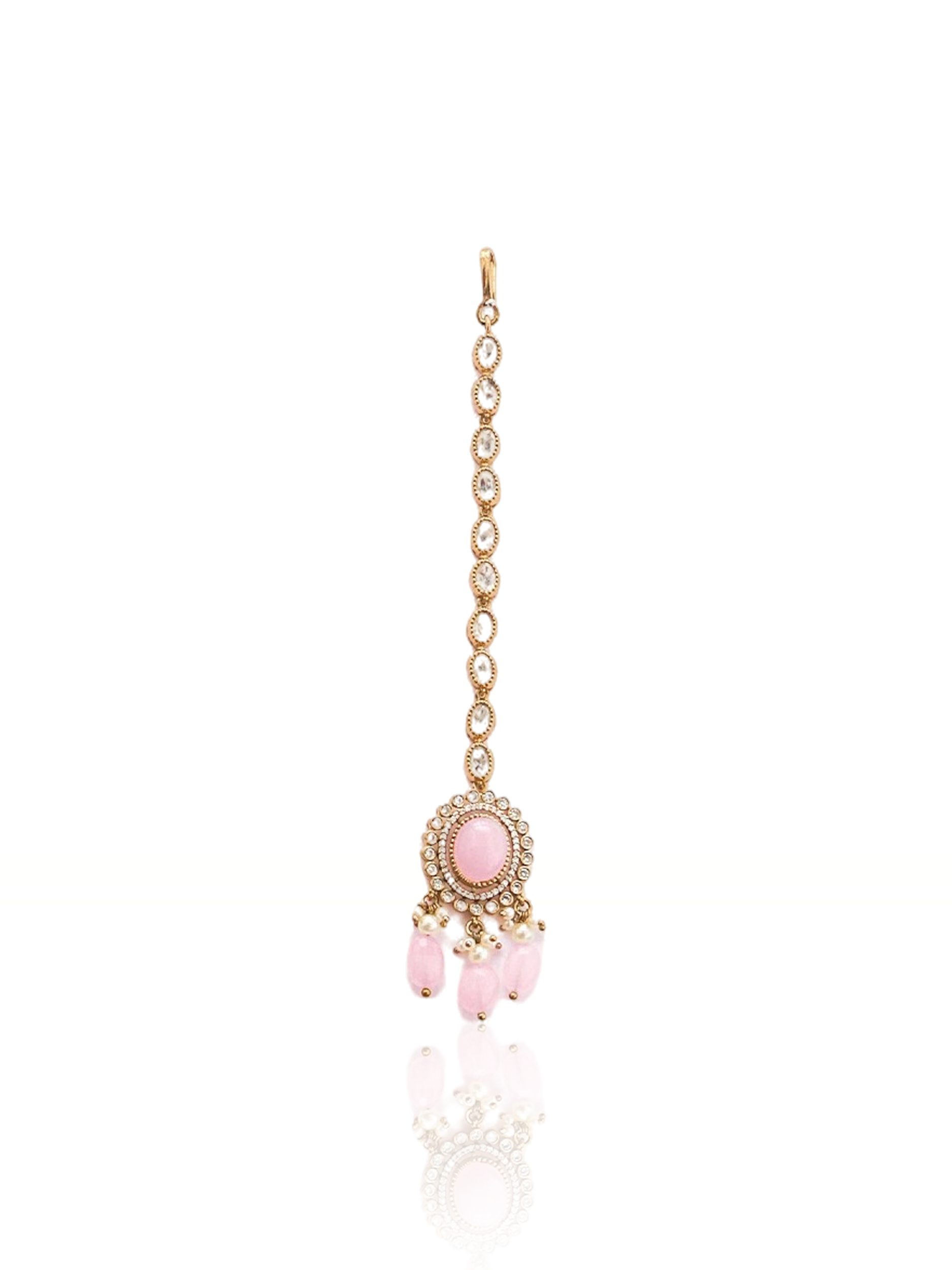Itrani three layers Clear Polki Stone with Pink Drops Necklace Set – Traditional Brass Jewelry with Earrings & Maang Tikka