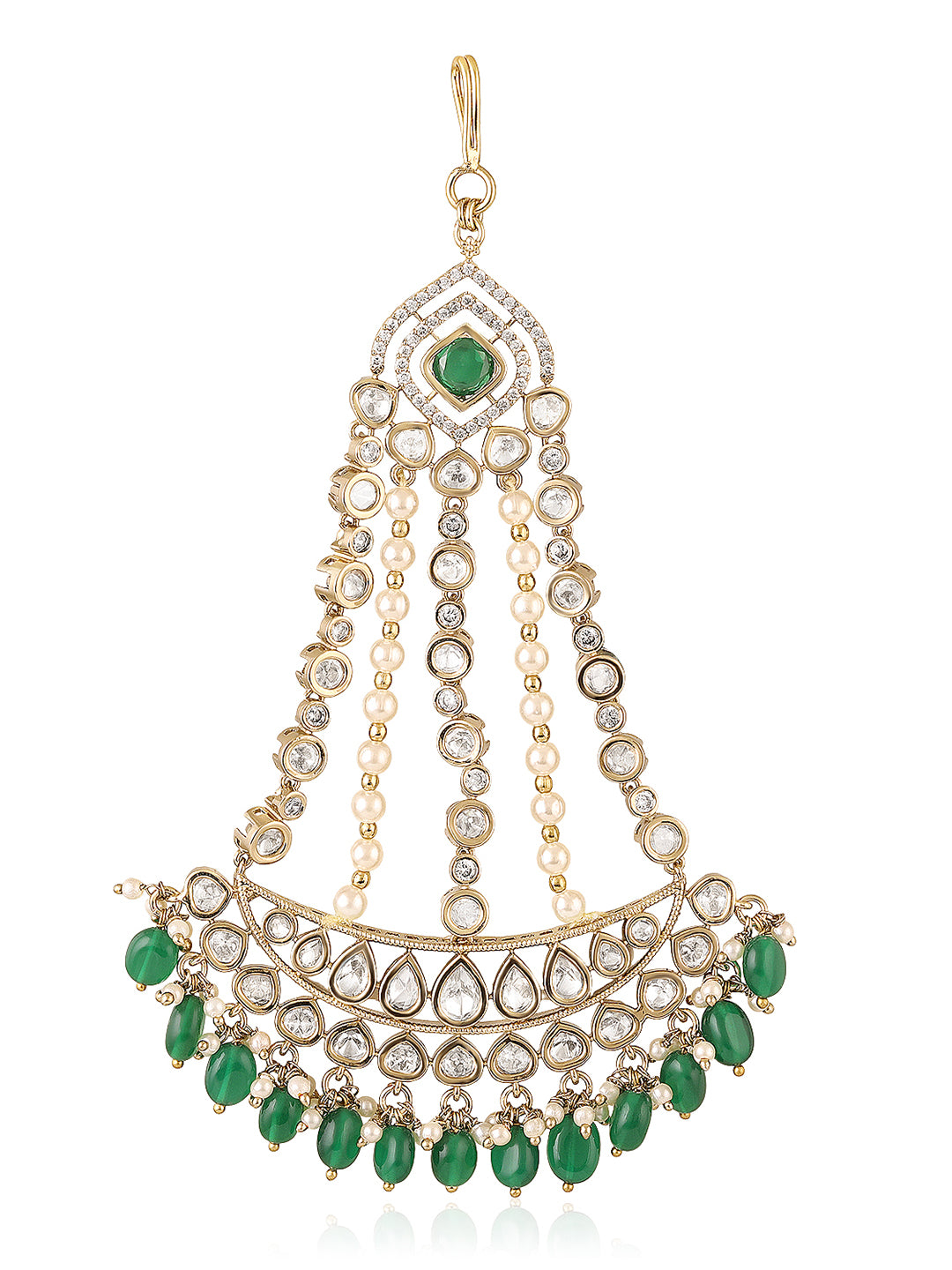 Itrani Royal Emerald with Clear Polki Stones and Green and Pearl Drops half Moon Style Passa  – Bridal Side Headpiece | Anti-Tarnish Brass