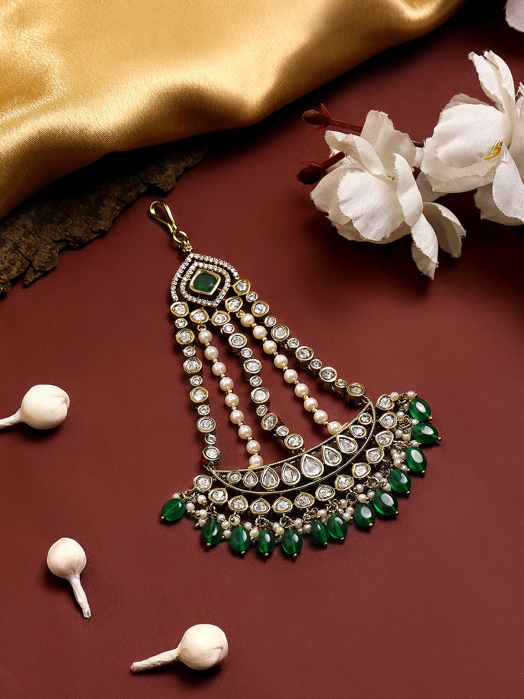 Itrani Royal Emerald with Clear Polki Stones and Green and Pearl Drops half Moon Style Passa  – Bridal Side Headpiece | Anti-Tarnish Brass