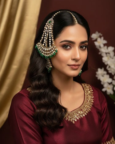 Itrani Royal Emerald with Clear Polki Stones and Green and Pearl Drops half Moon Style Passa  – Bridal Side Headpiece | Anti-Tarnish Brass