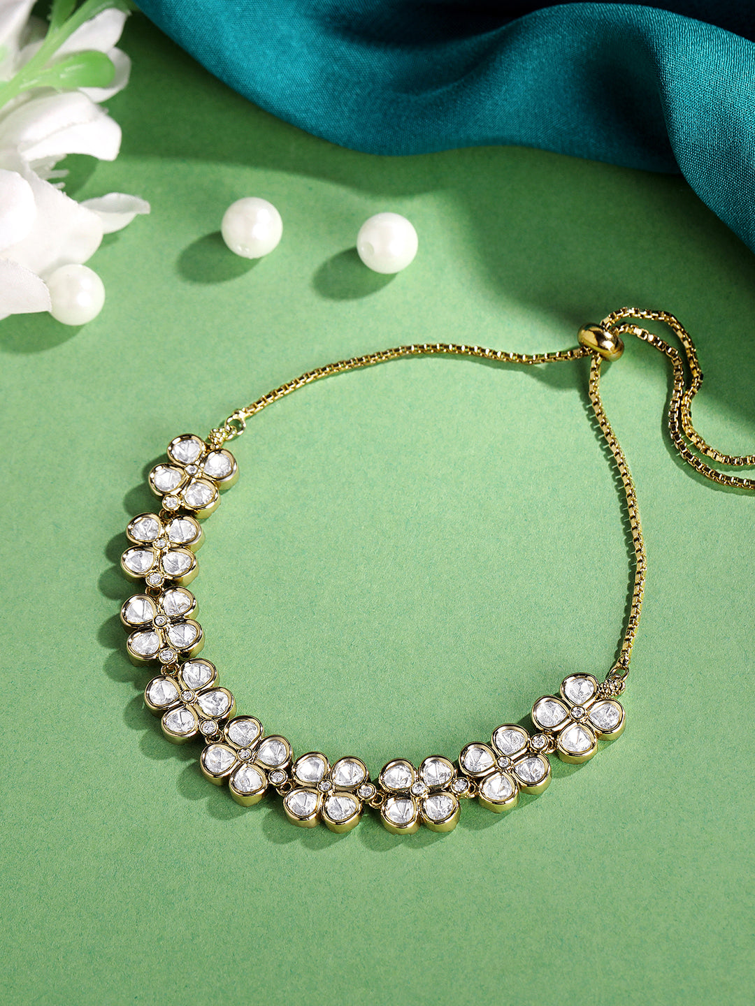 Itrani  Floral Charm Adjustable Clear Polki Stone Bracelet