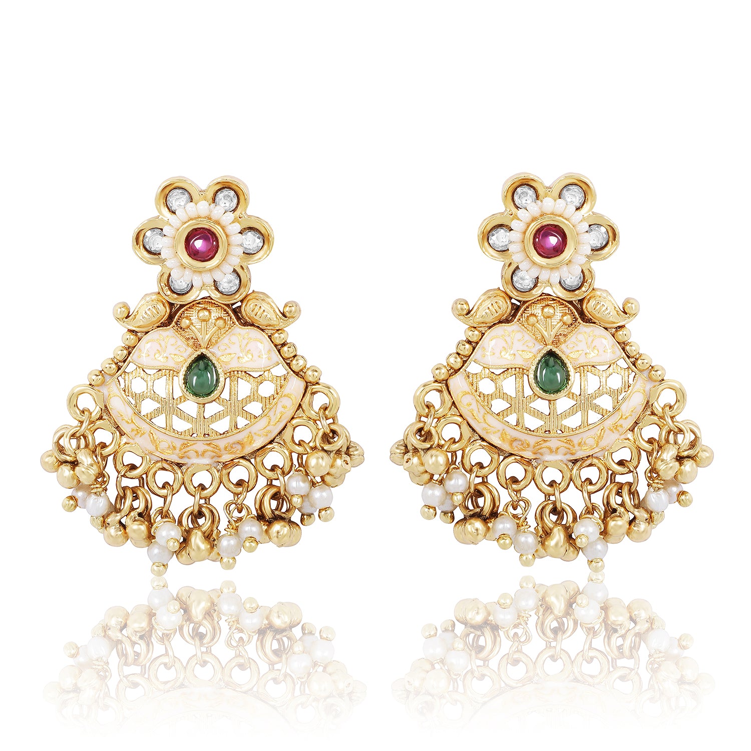 Itrani Rajwadi Double-Layered Polki Necklace with Kidiya Moti & Emerald Ruby Stones