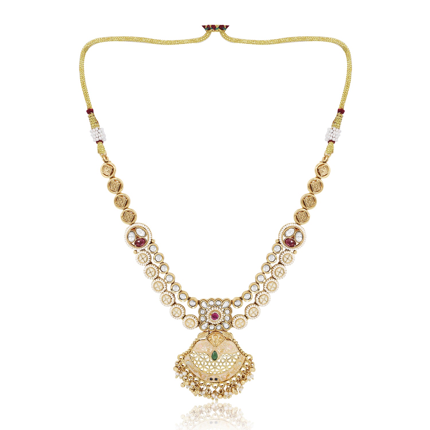 Itrani Rajwadi Double-Layered Polki Necklace with Kidiya Moti & Emerald Ruby Stones