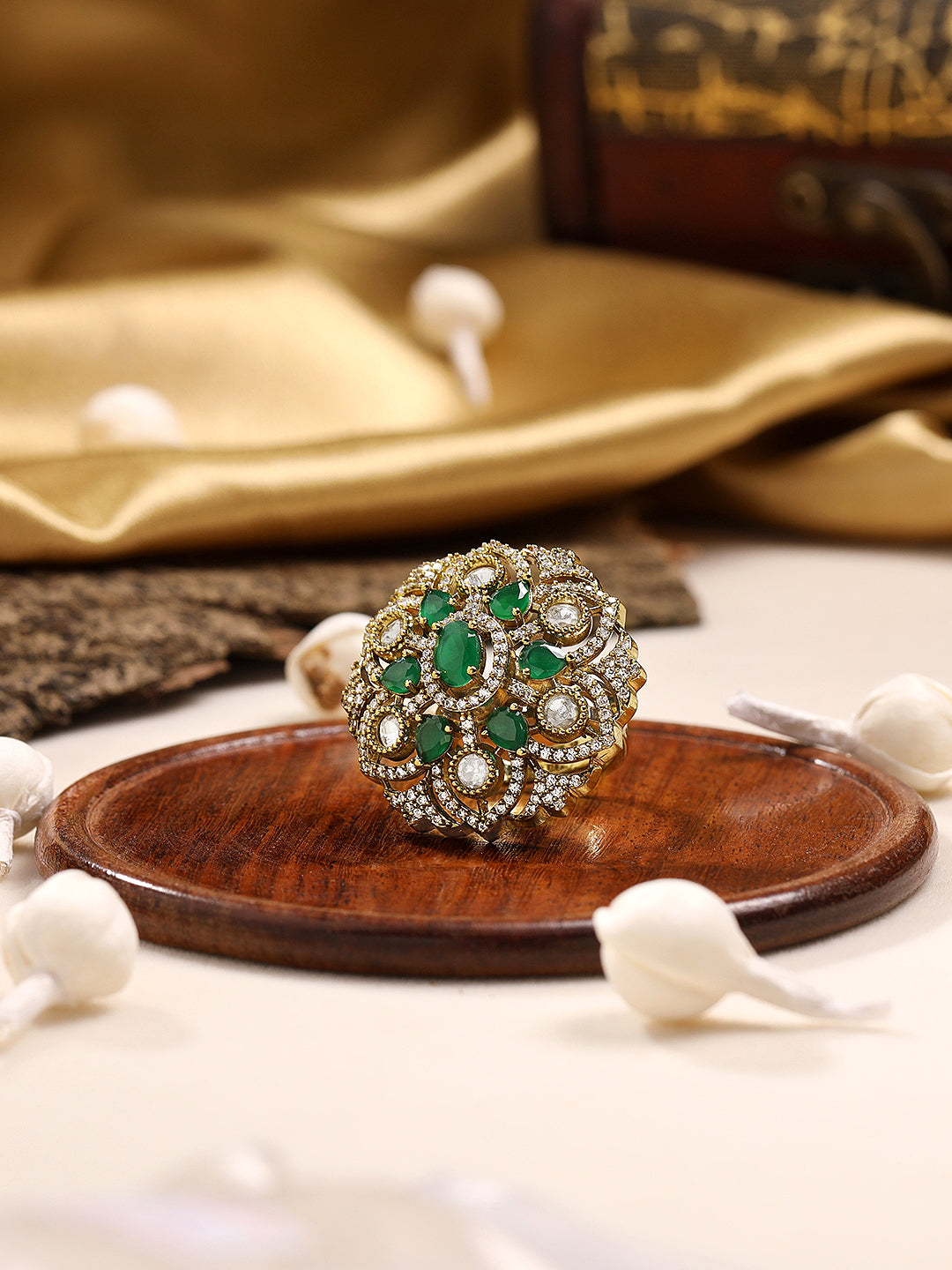 Itrani Royal Emerald Blossom Statement Ring – Anti-Tarnish Brass, Adjustable Cocktail Ring with Setting Stones