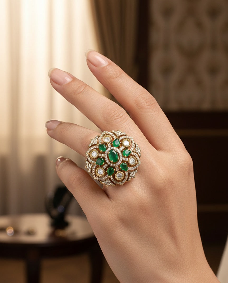 Itrani Royal Emerald Blossom Statement Ring – Anti-Tarnish Brass, Adjustable Cocktail Ring with Setting Stones