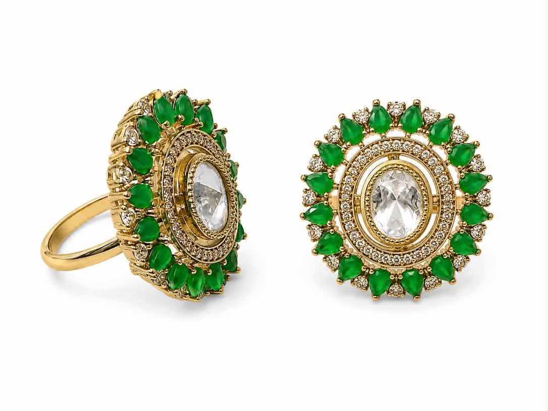 Itrani Emereld Uncut Dimond  Blush Bloom Poliki Centre Stone Coctail Ring – Green  Stone Statement Ring in Anti-Tarnish Brass