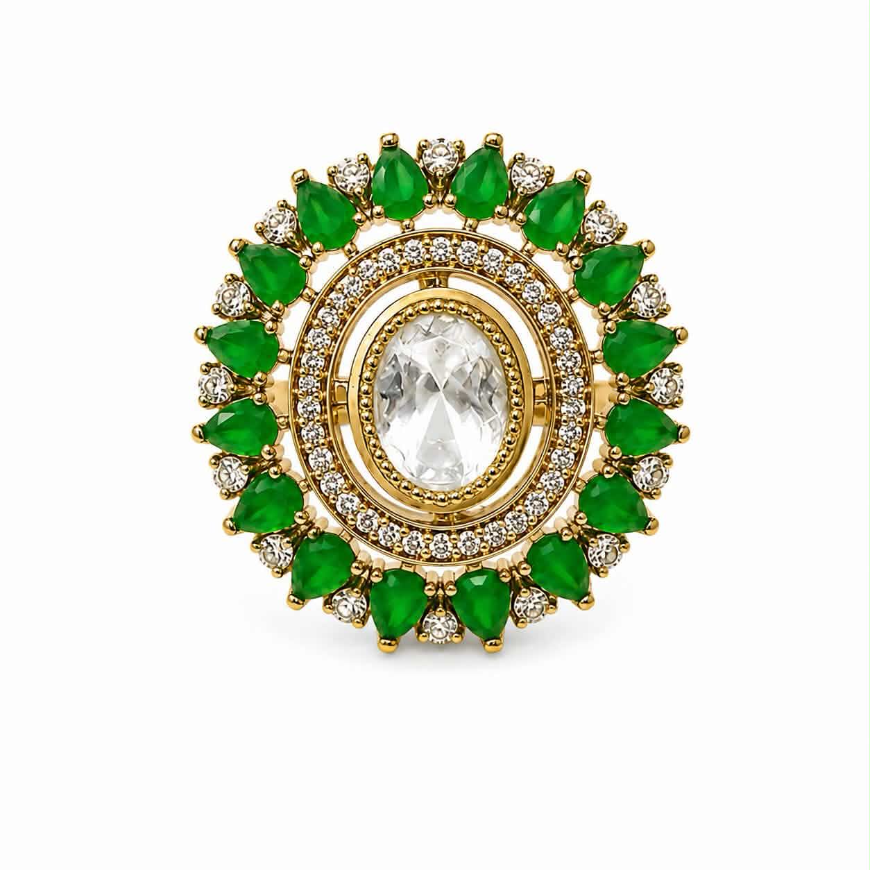 Itrani Emereld Uncut Dimond  Blush Bloom Poliki Centre Stone Coctail Ring – Green  Stone Statement Ring in Anti-Tarnish Brass