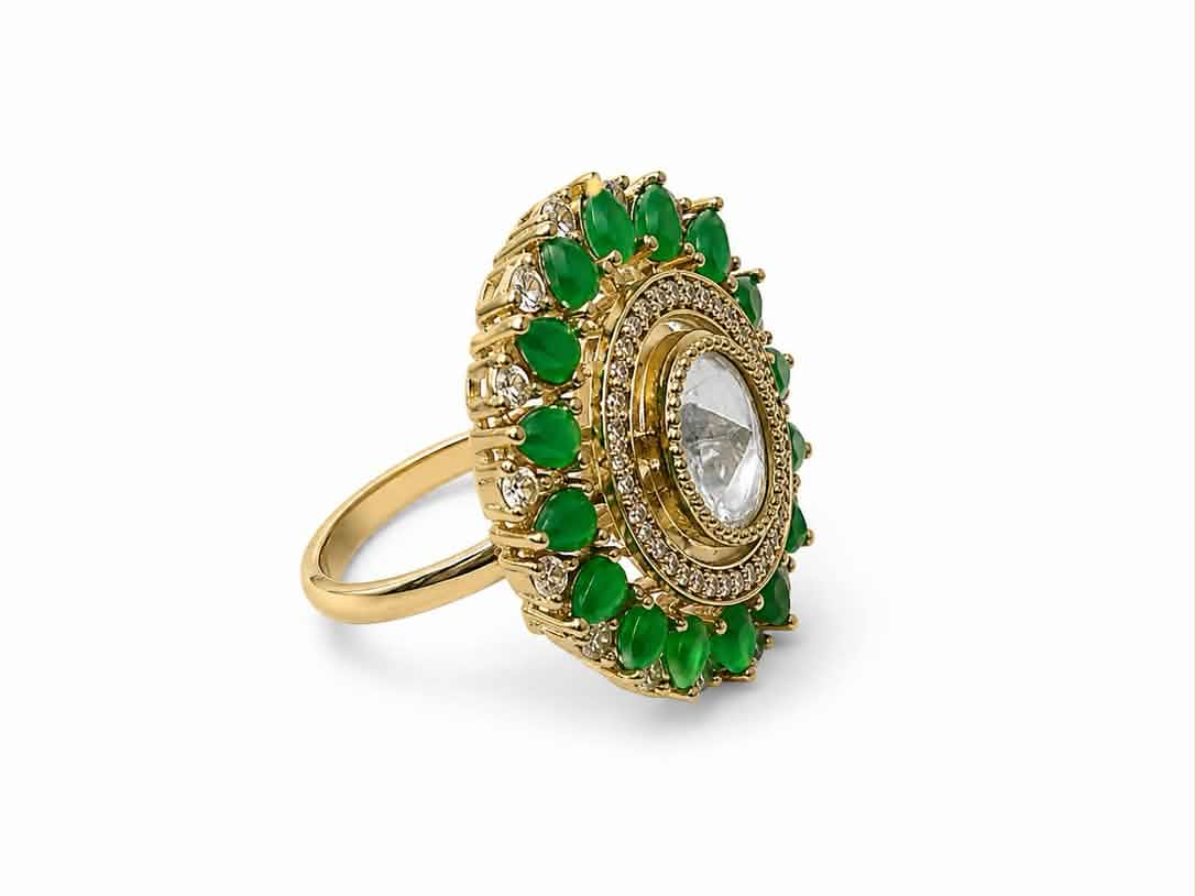 Itrani Emereld Uncut Dimond  Blush Bloom Poliki Centre Stone Coctail Ring – Green  Stone Statement Ring in Anti-Tarnish Brass