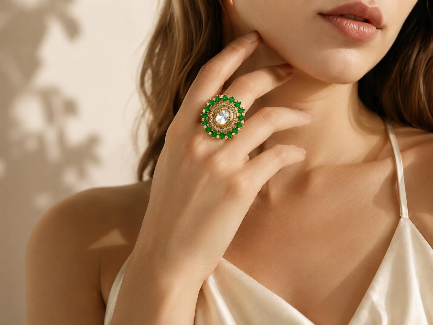 Itrani Emereld Uncut Dimond  Blush Bloom Poliki Centre Stone Coctail Ring – Green  Stone Statement Ring in Anti-Tarnish Brass