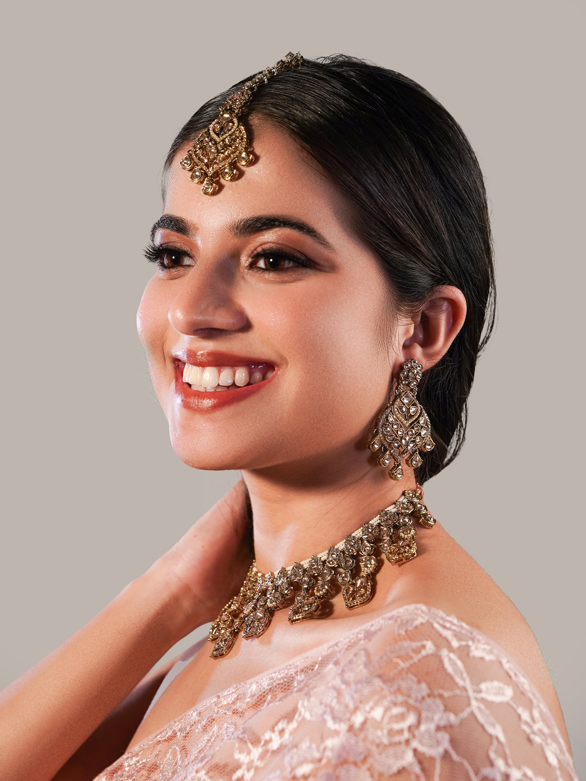 Itrani LCT Reverse AD Stone Choker Set – Traditional Brass Necklace with Earrings & Maang Tikka