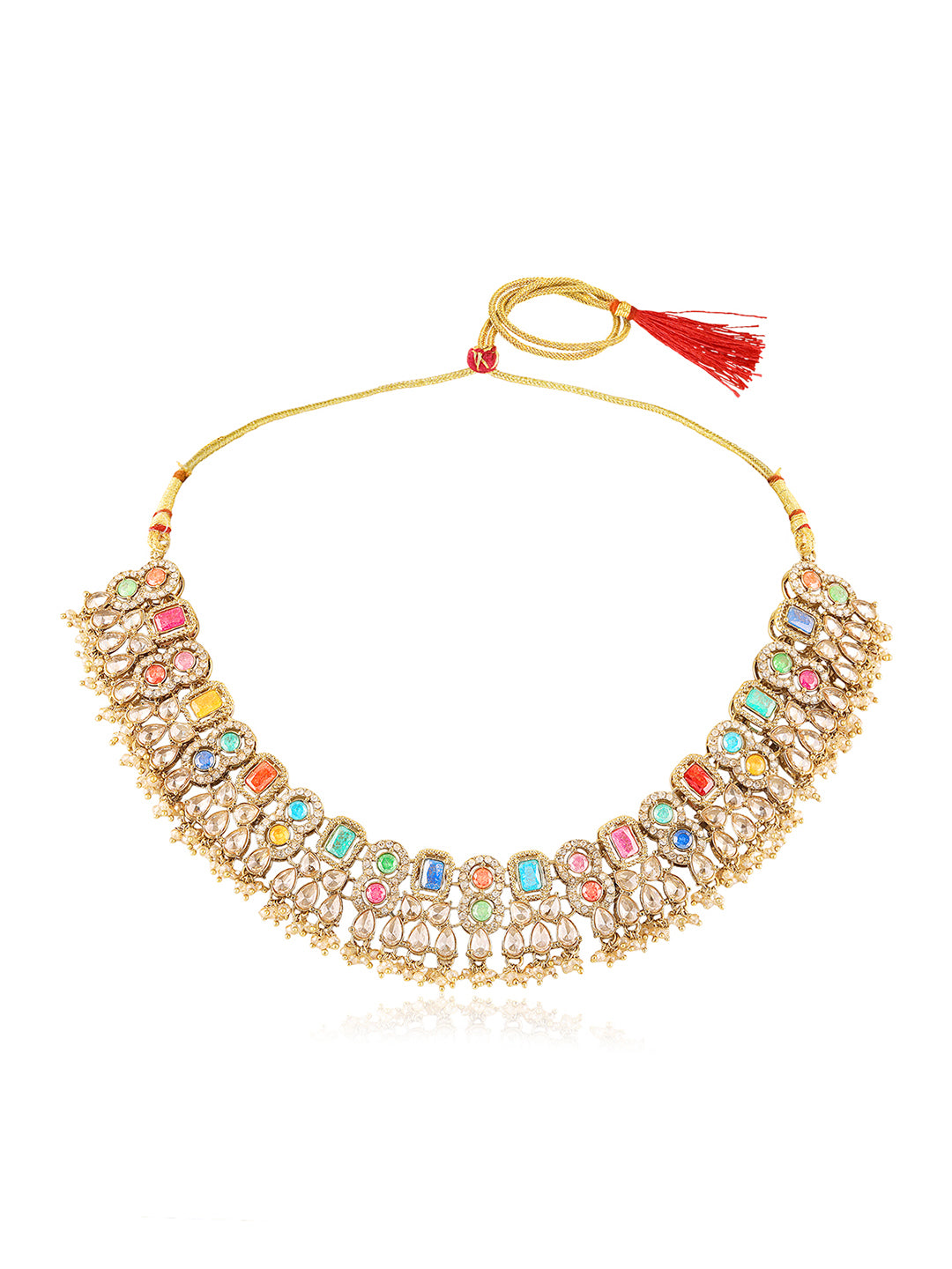 Itrani Royal Multicolor Reverse AD Stone Bridal Necklace Set – Antique Finish with Jhumka Earrings & Maang Tikka