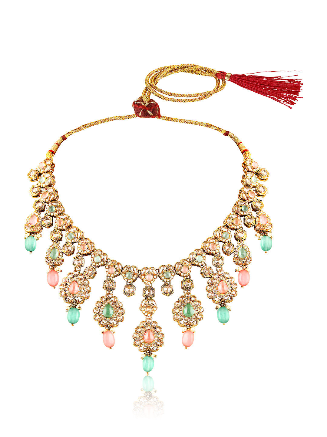 Itrani Pastel Royalty Reverse AD Stone Necklace Set – Pink & Pista Green Stones with Jhumka Earrings & Maang Tikka