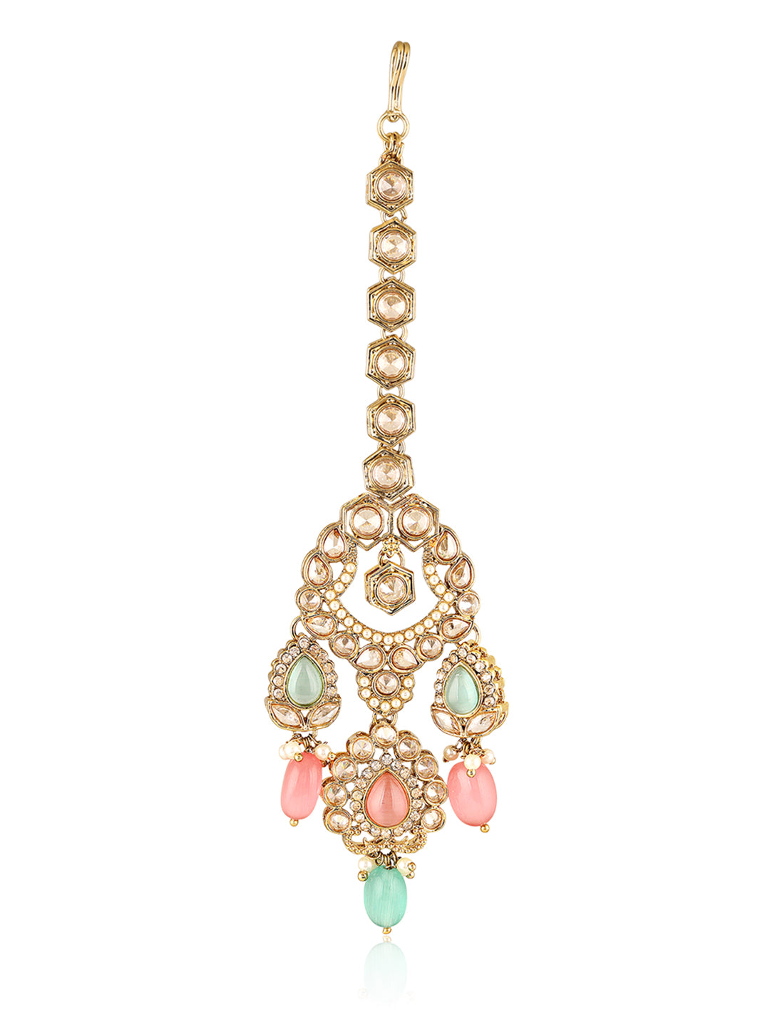 Itrani Pastel Royalty Reverse AD Stone Necklace Set – Pink & Pista Green Stones with Jhumka Earrings & Maang Tikka