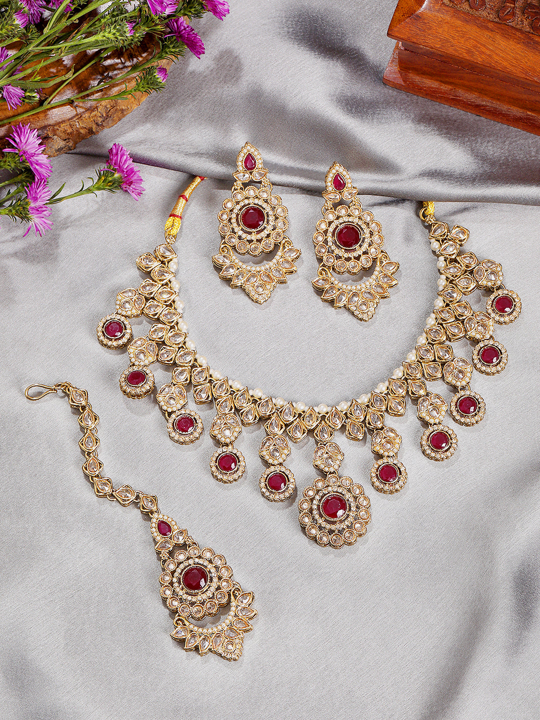 Itrani Royal Ruby Reverse AD Stone Necklace Set with Earrings & Maang Tikka – Bridal & Festive Jewellery