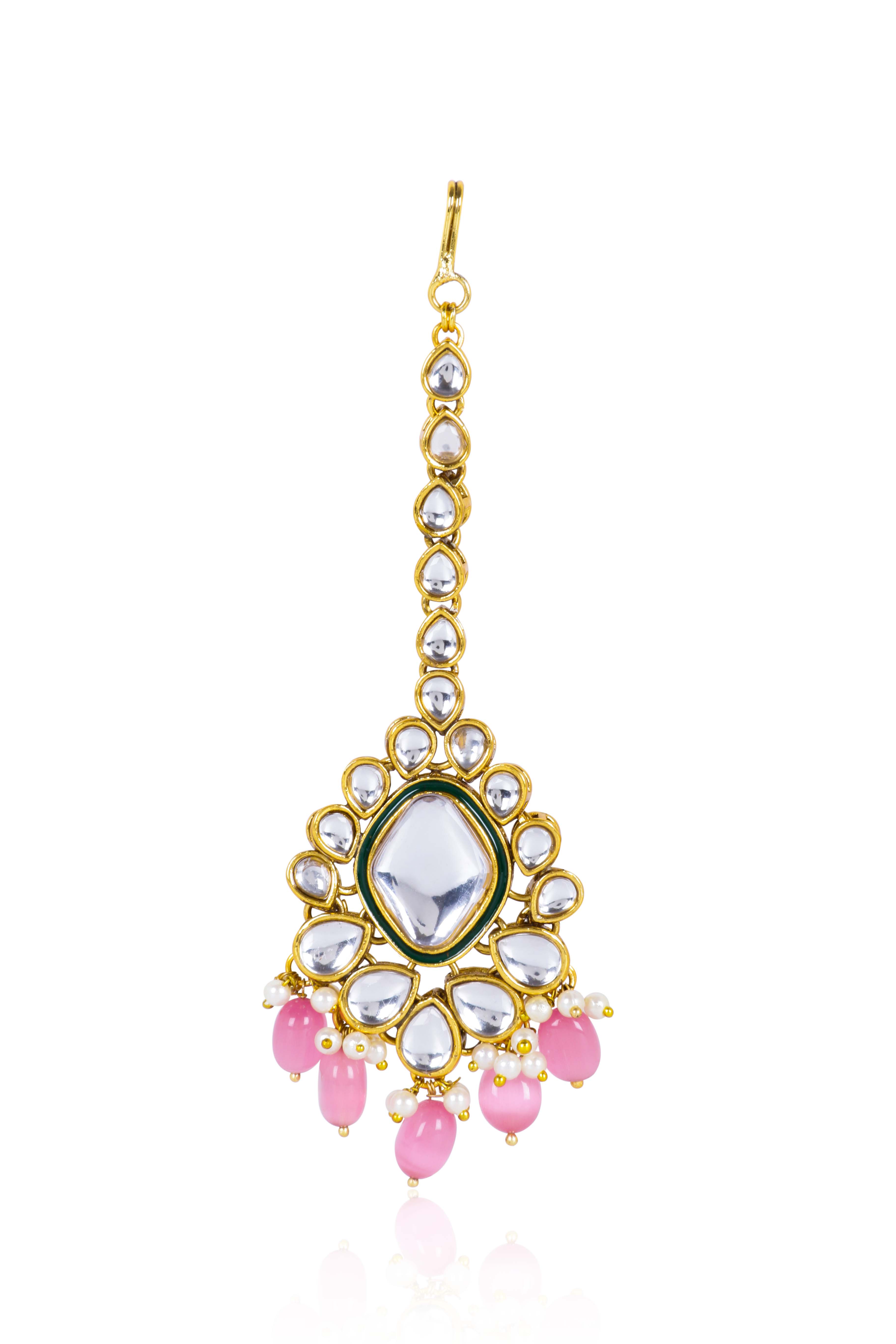 Itrani Blush Pink Kundan Pearl Bridal Necklace Set – Mirror Finish Jewelry with Maang Tikka & Earrings (Anti-Tarnish Brass)