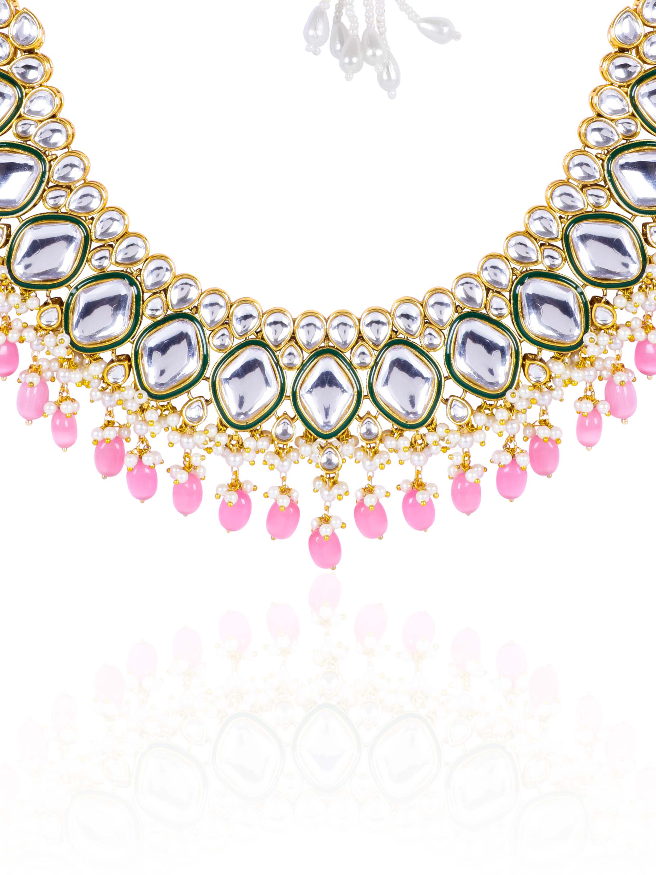 Itrani Blush Pink Kundan Pearl Bridal Necklace Set – Mirror Finish Jewelry with Maang Tikka & Earrings (Anti-Tarnish Brass)