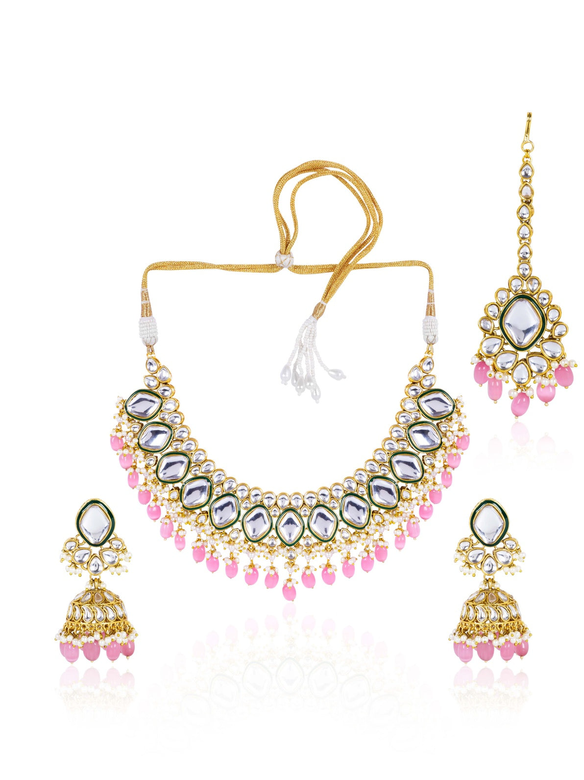 Itrani Blush Pink Kundan Pearl Bridal Necklace Set – Mirror Finish Jewelry with Maang Tikka & Earrings (Anti-Tarnish Brass)