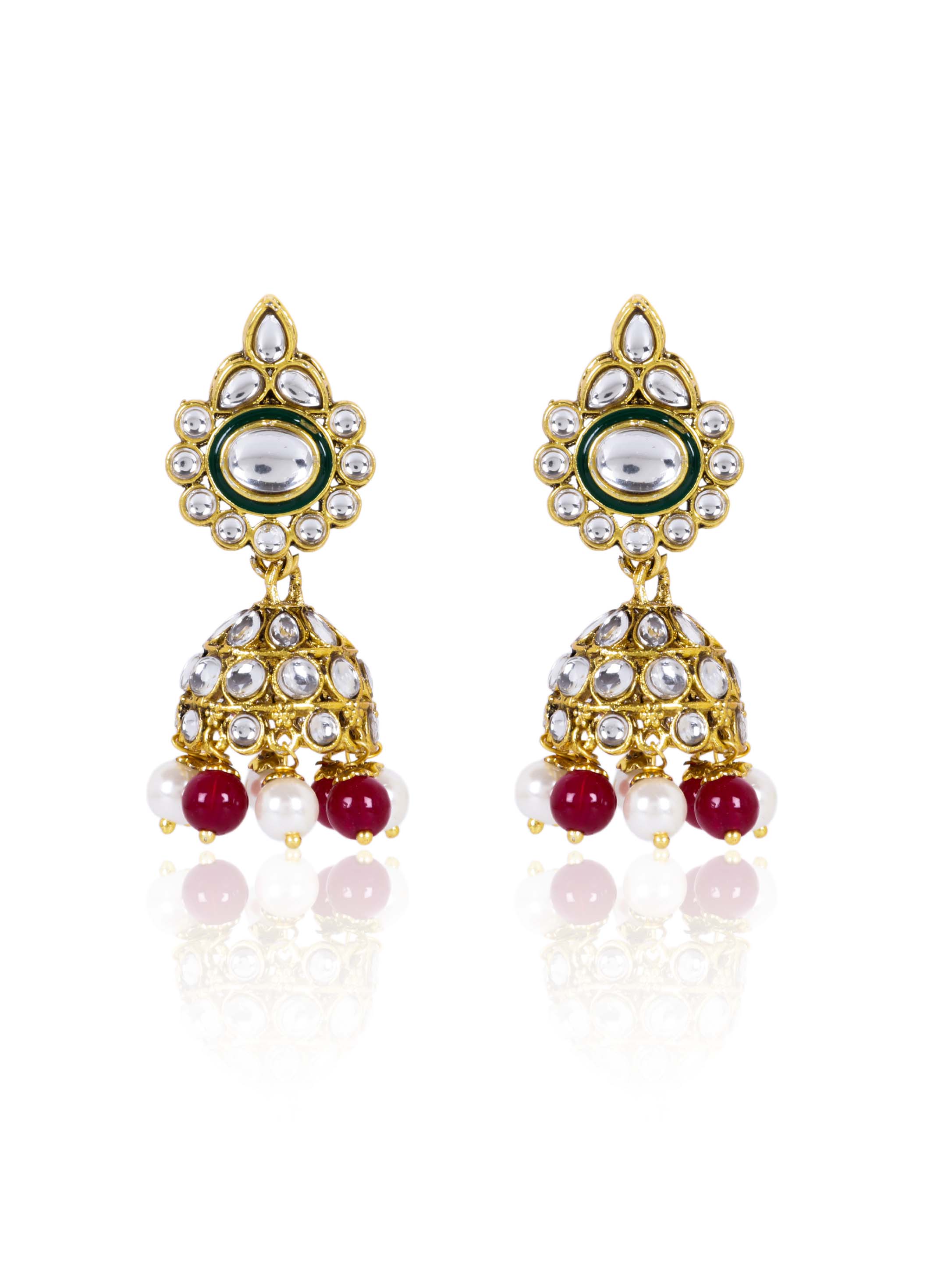 Itrani Regal Ruby Kundan Pearl Necklace Set – Bridal Jewelry with Maang Tikka & Earrings (Anti-Tarnish Brass Finish)