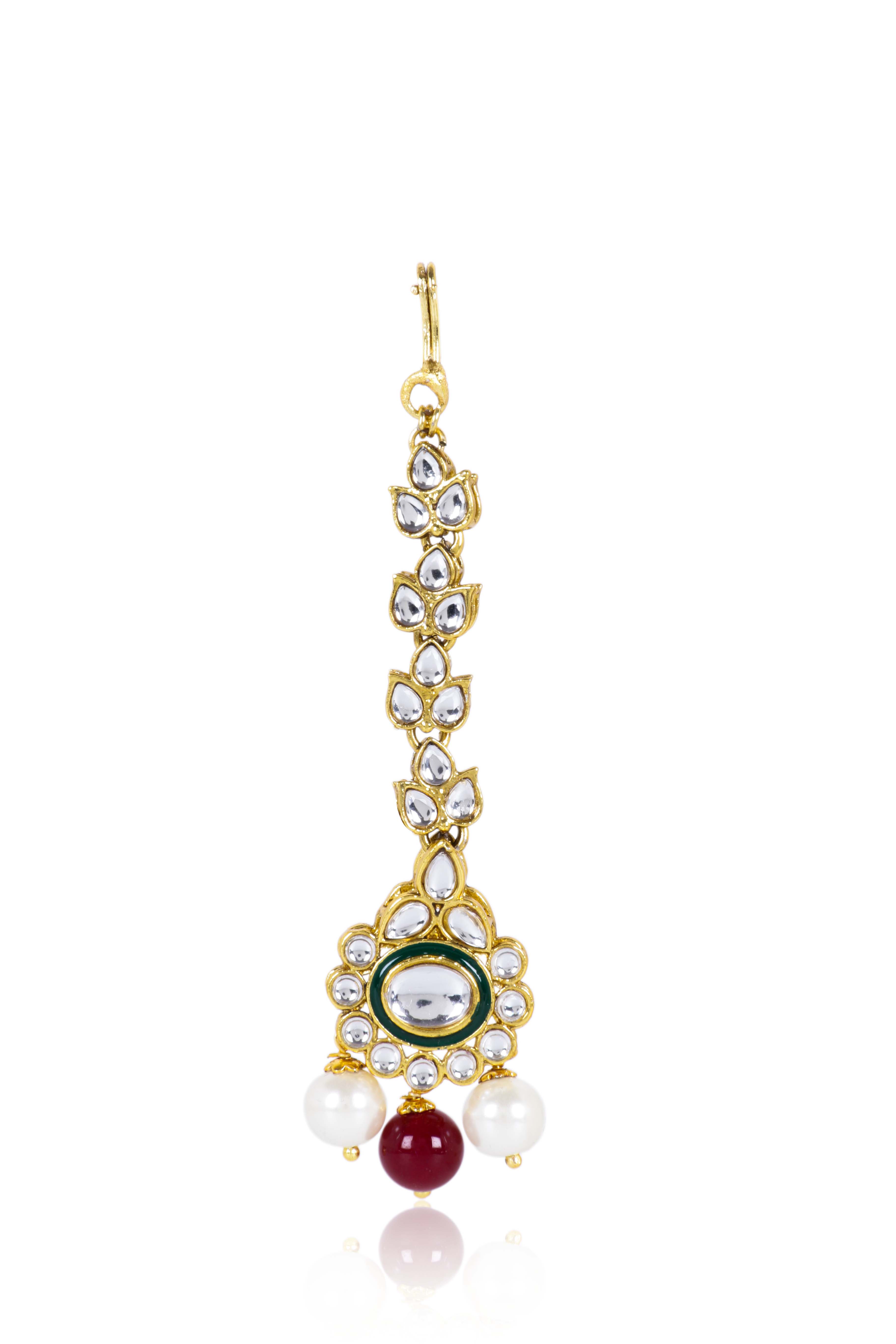 Itrani Regal Ruby Kundan Pearl Necklace Set – Bridal Jewelry with Maang Tikka & Earrings (Anti-Tarnish Brass Finish)