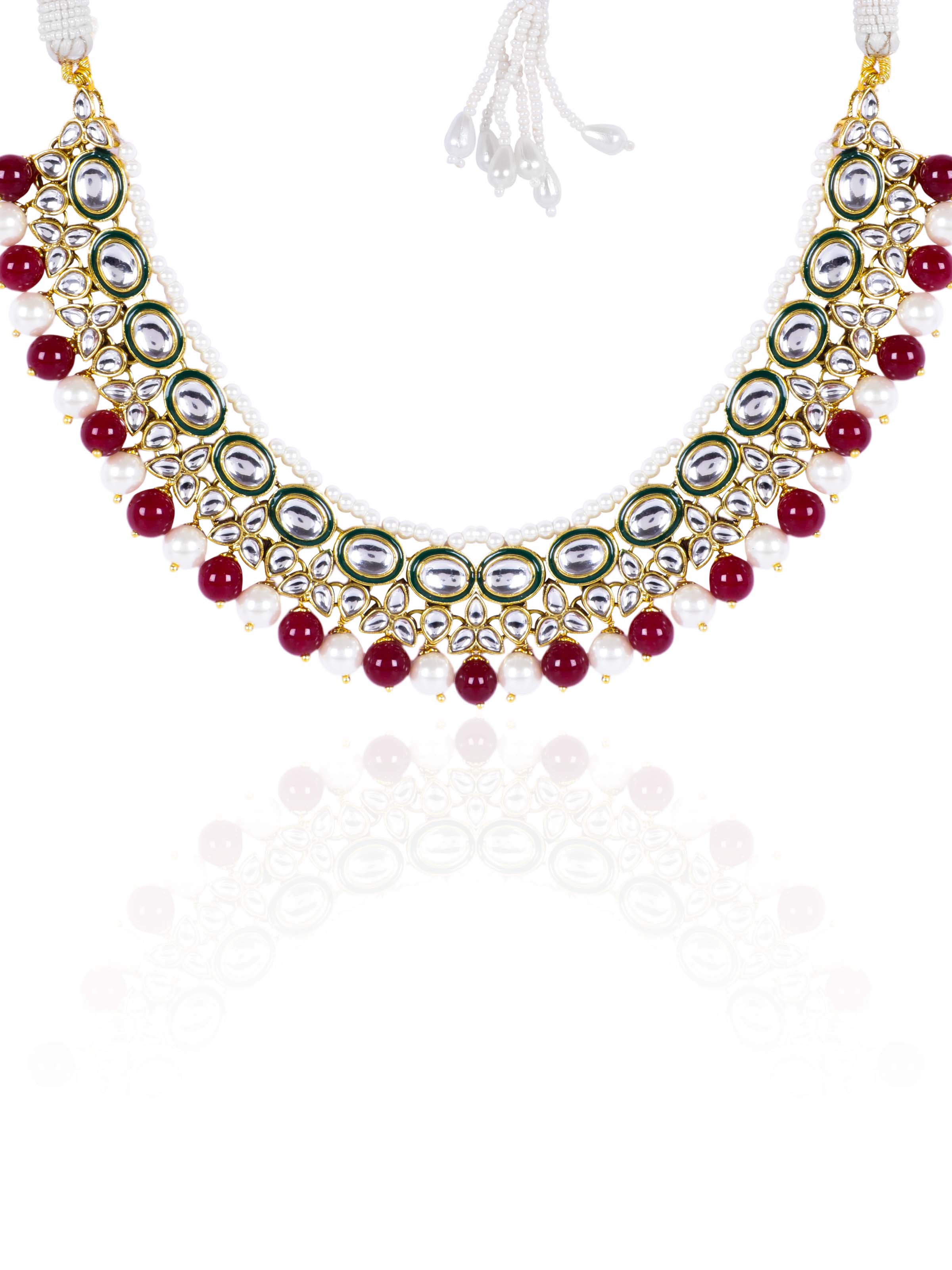 Itrani Regal Ruby Kundan Pearl Necklace Set – Bridal Jewelry with Maang Tikka & Earrings (Anti-Tarnish Brass Finish)
