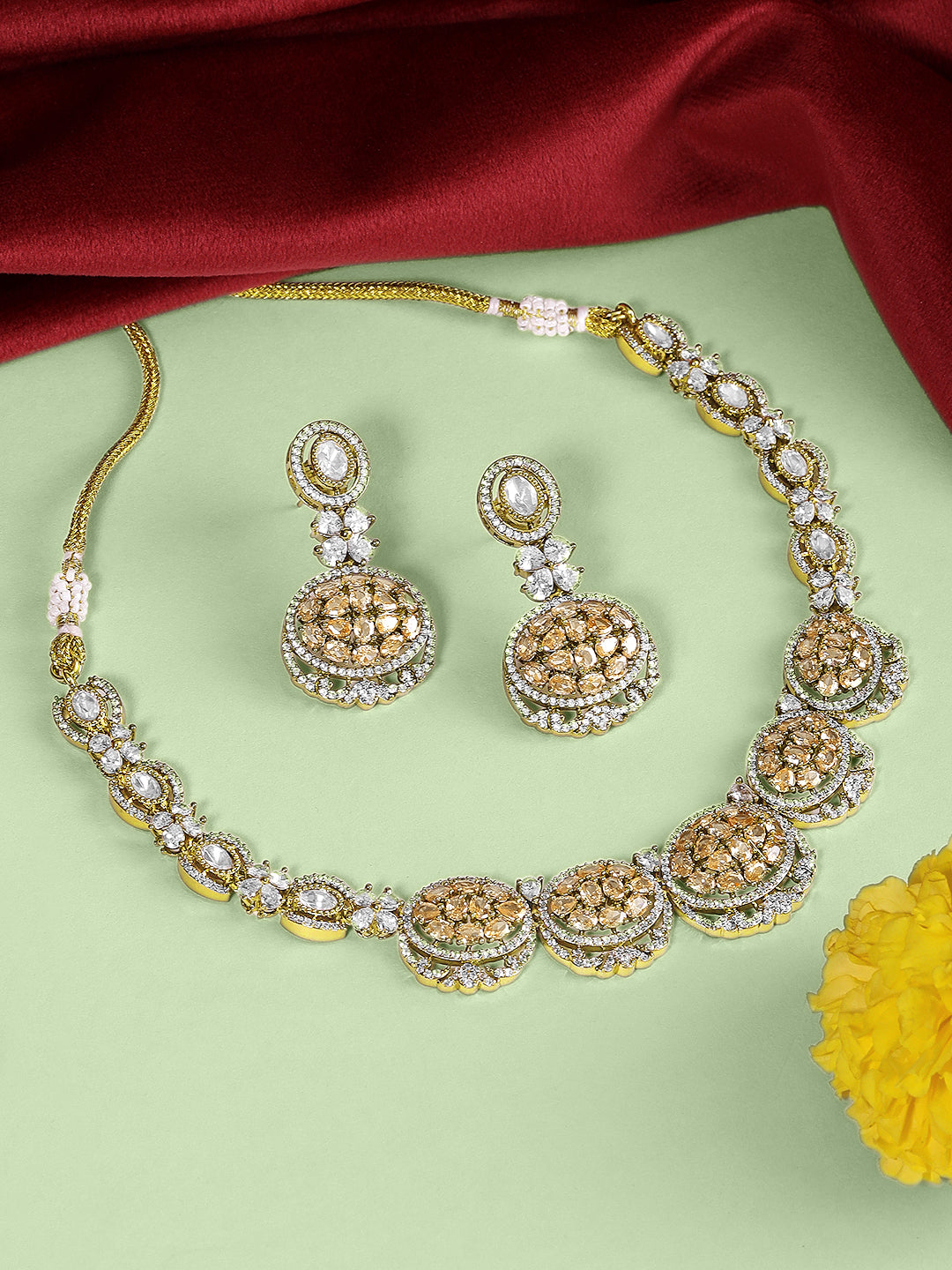 Itrani Champagne Crystal Victorian Style Uncut Diamond Necklace Set
