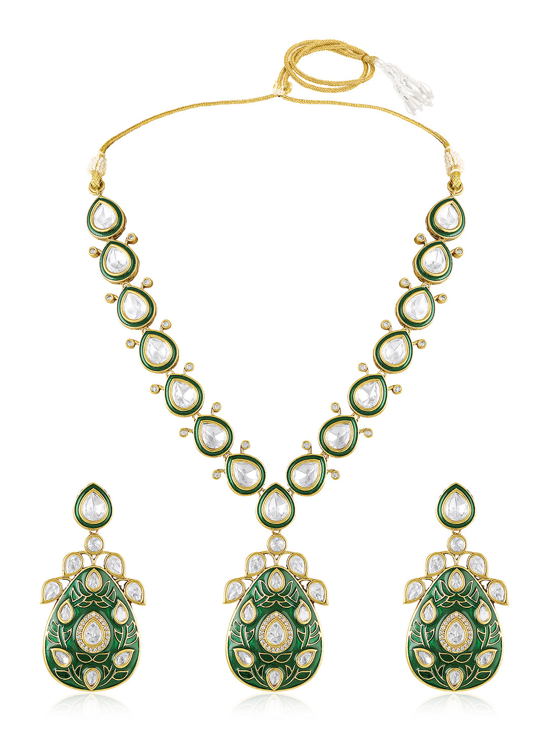 Itrani Emerald  Meenakari With Moissanite  Teardrop Rajasthani Style Necklace Set – Premium Brass, Anti-Tarnish, Wedding Jewellery