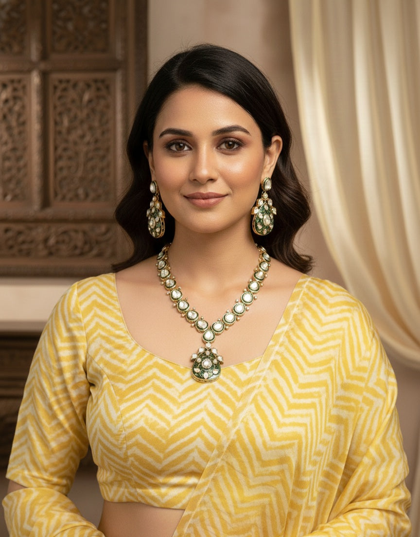 Itrani Emerald  Meenakari With Moissanite  Teardrop Rajasthani Style Necklace Set – Premium Brass, Anti-Tarnish, Wedding Jewellery